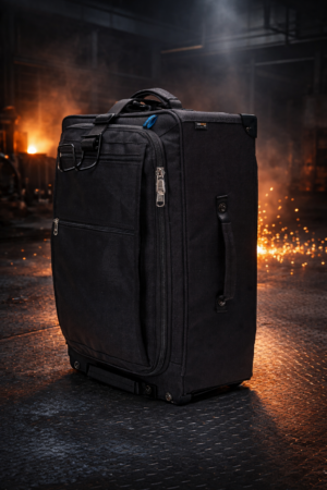 StrongBags Vortex 22 Voyager black rolling flight bag in steel factory